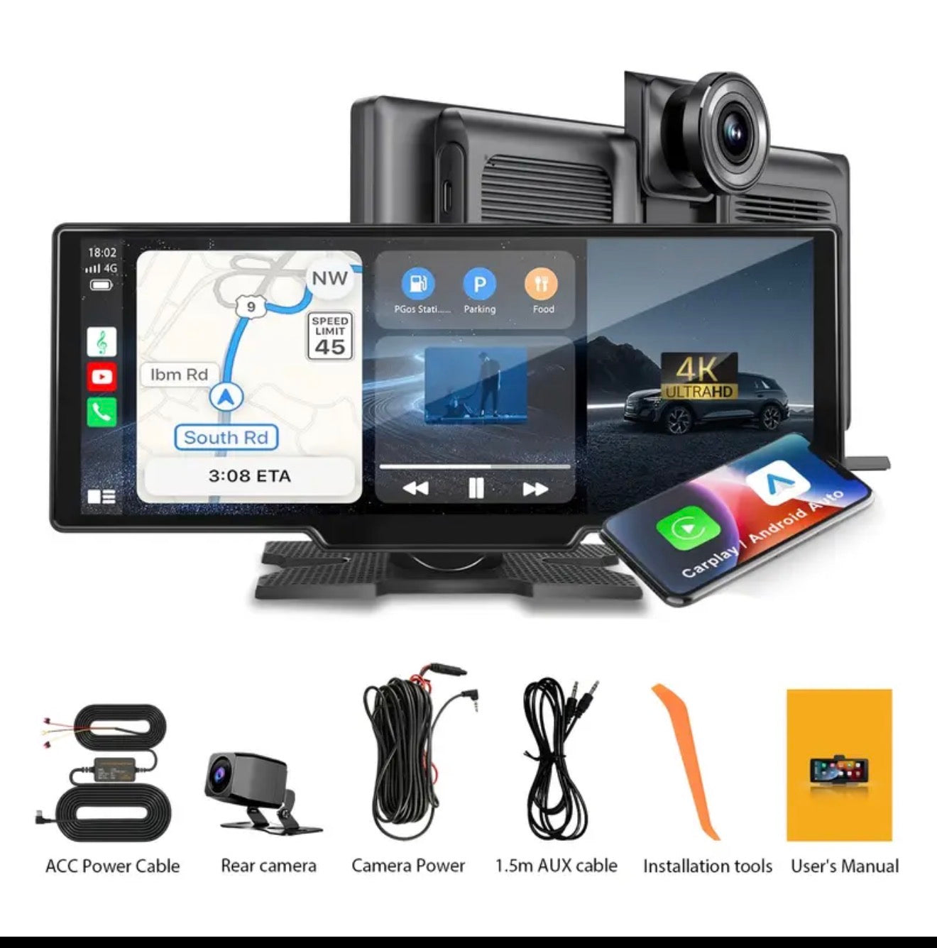 CarPlay screen, 10.26-inch screen size, 4K front camera, Full HD rear camera, with power cable and fuse box. Price 30 including installation.