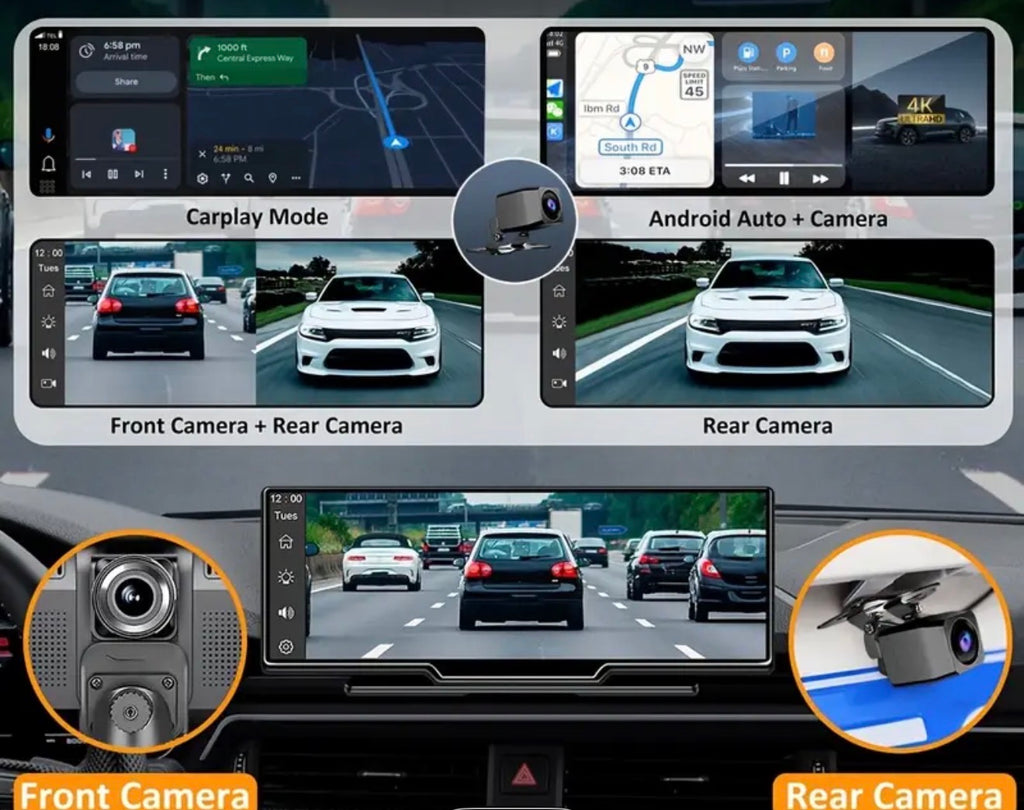 CarPlay screen, 10.26-inch screen size, 4K front camera, Full HD rear camera, with power cable and fuse box. Price 30 including installation.