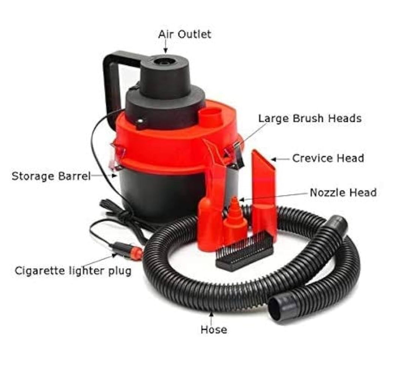 A car vacuum cleaner with 3 heads for cleaning the car. It is suitable for all narrow spaces. It is characterized by its strong suction and high quality.
