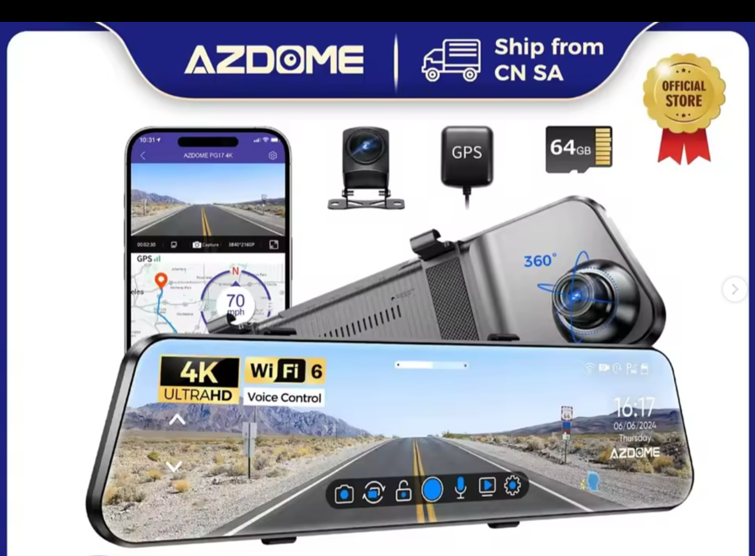 Azdome dash cam, 12-inch screen, rear camera