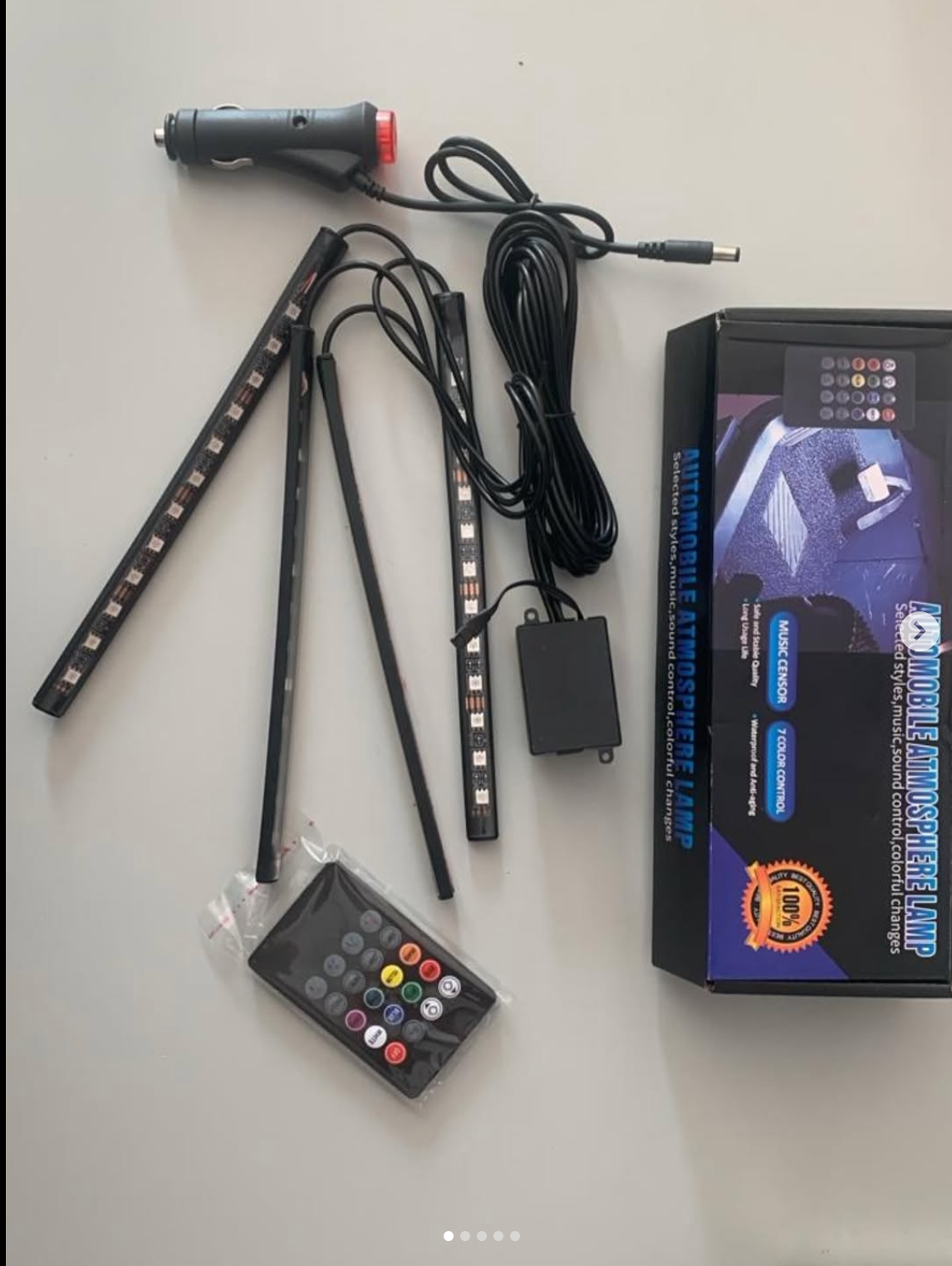 Interior car lighting that can be controlled in color by remote control and works via cigarette lighter
