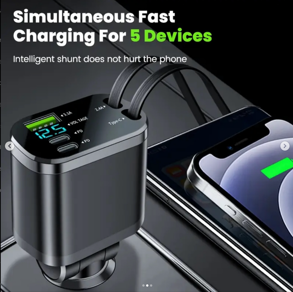 Foldable Car Charger with Dual Type-C Ports and USB Port