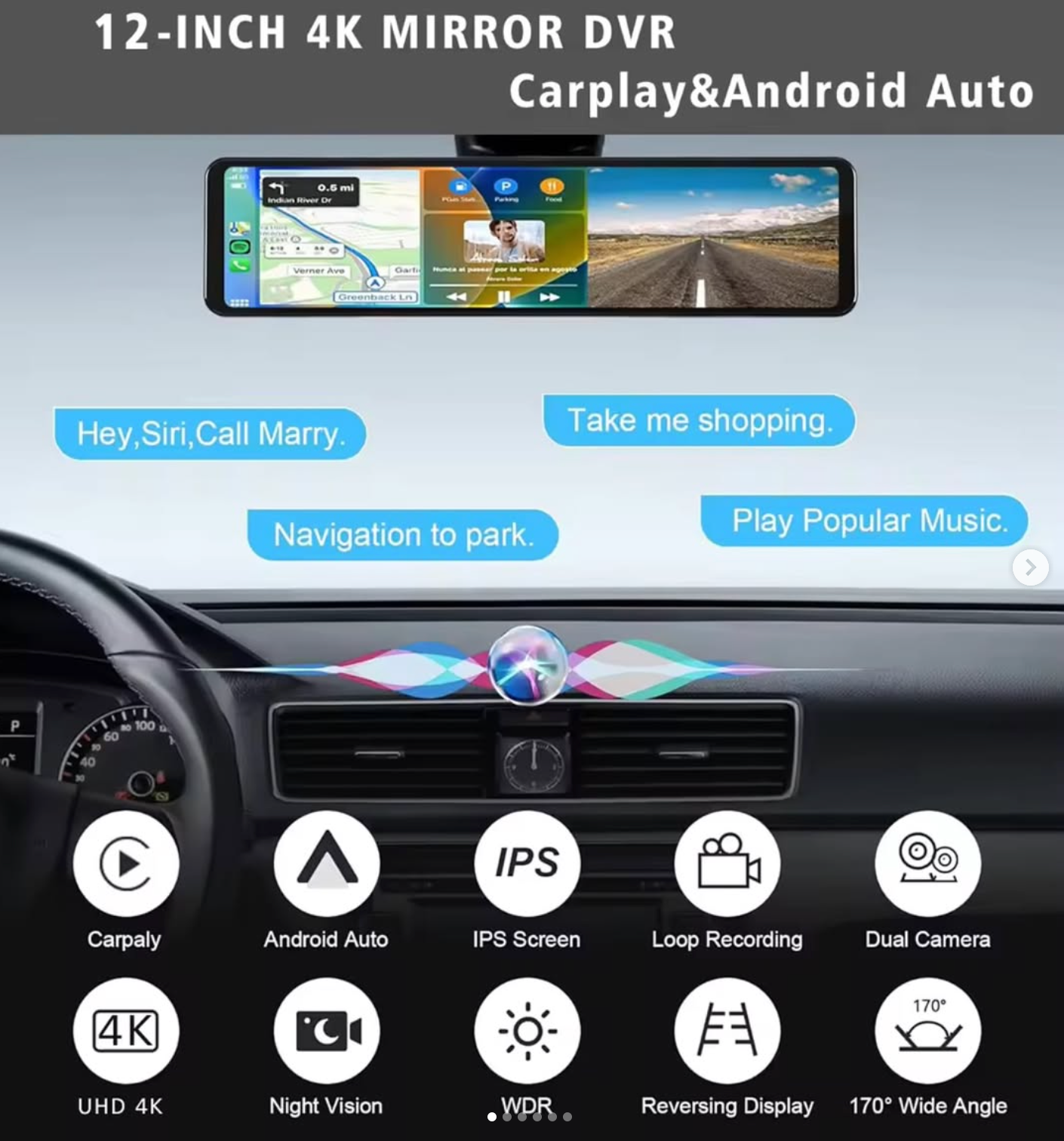 Dash cam with CarPlay, 4K video, Full HD rear