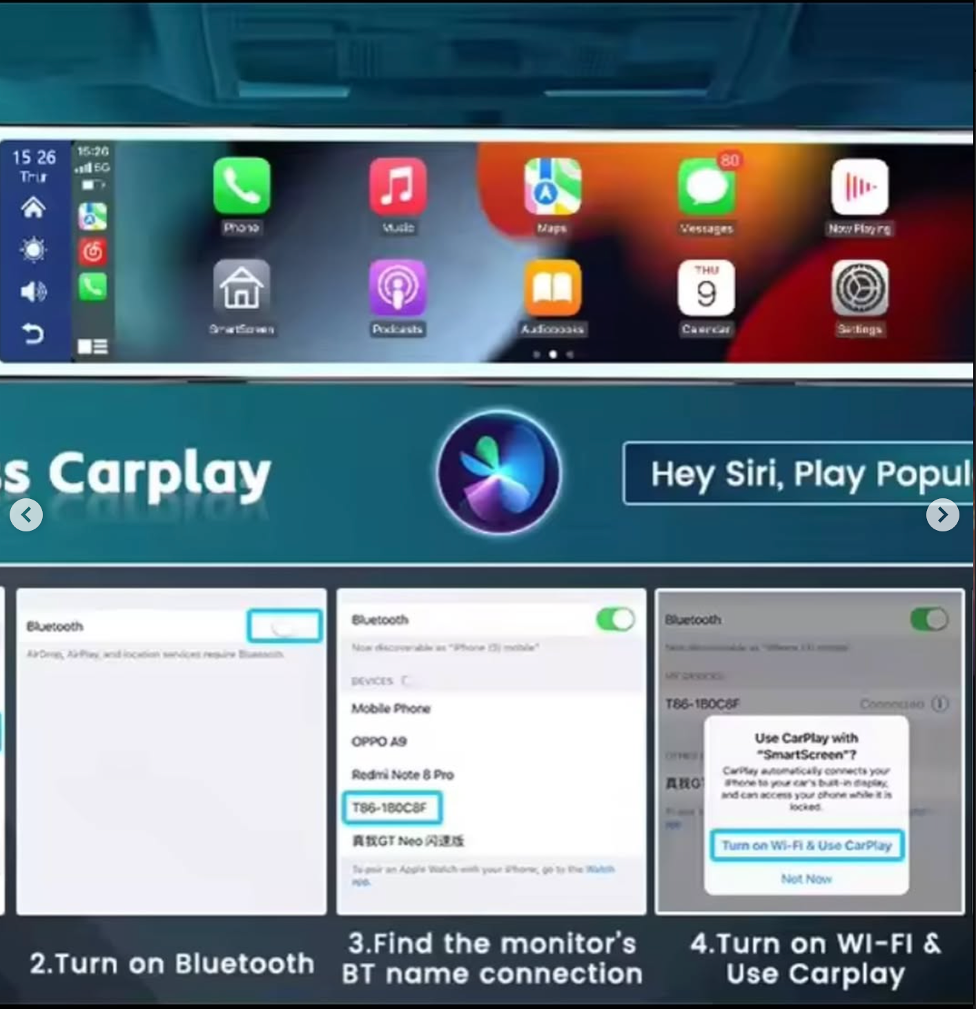 Dash cam with CarPlay, 4K video, Full HD rear