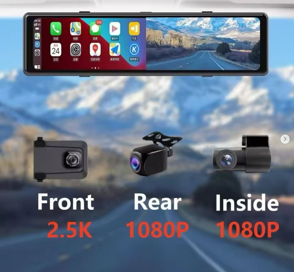 12-inch dash cam with three cameras and CarPlay