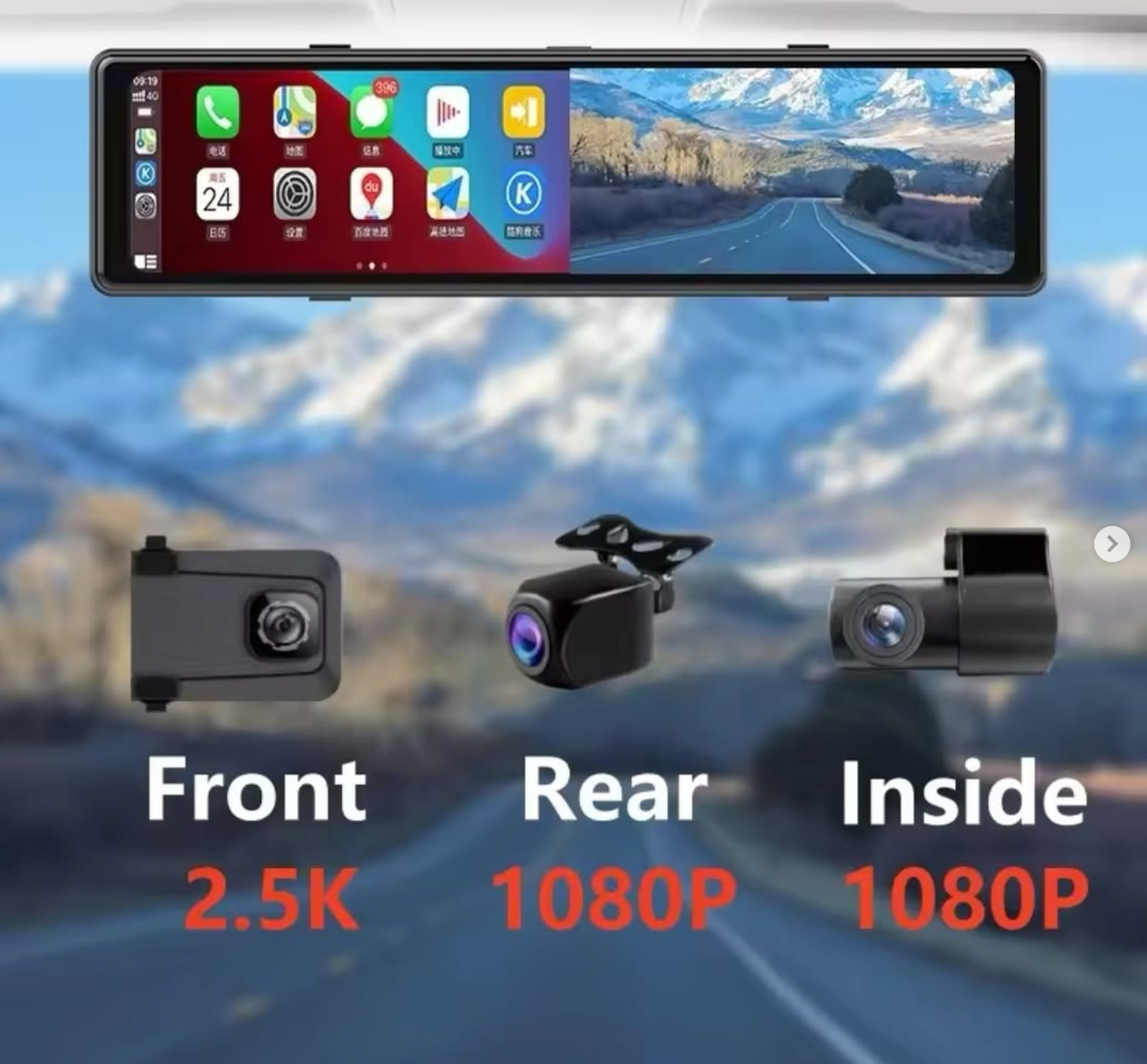 12-inch dash cam with three cameras and CarPlay