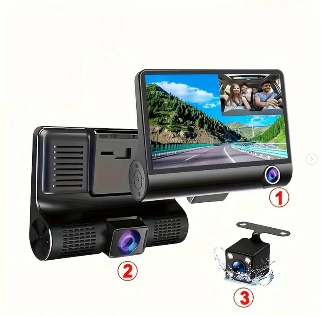 4 inch triple recording car DVR with front, interior and rear cameras
