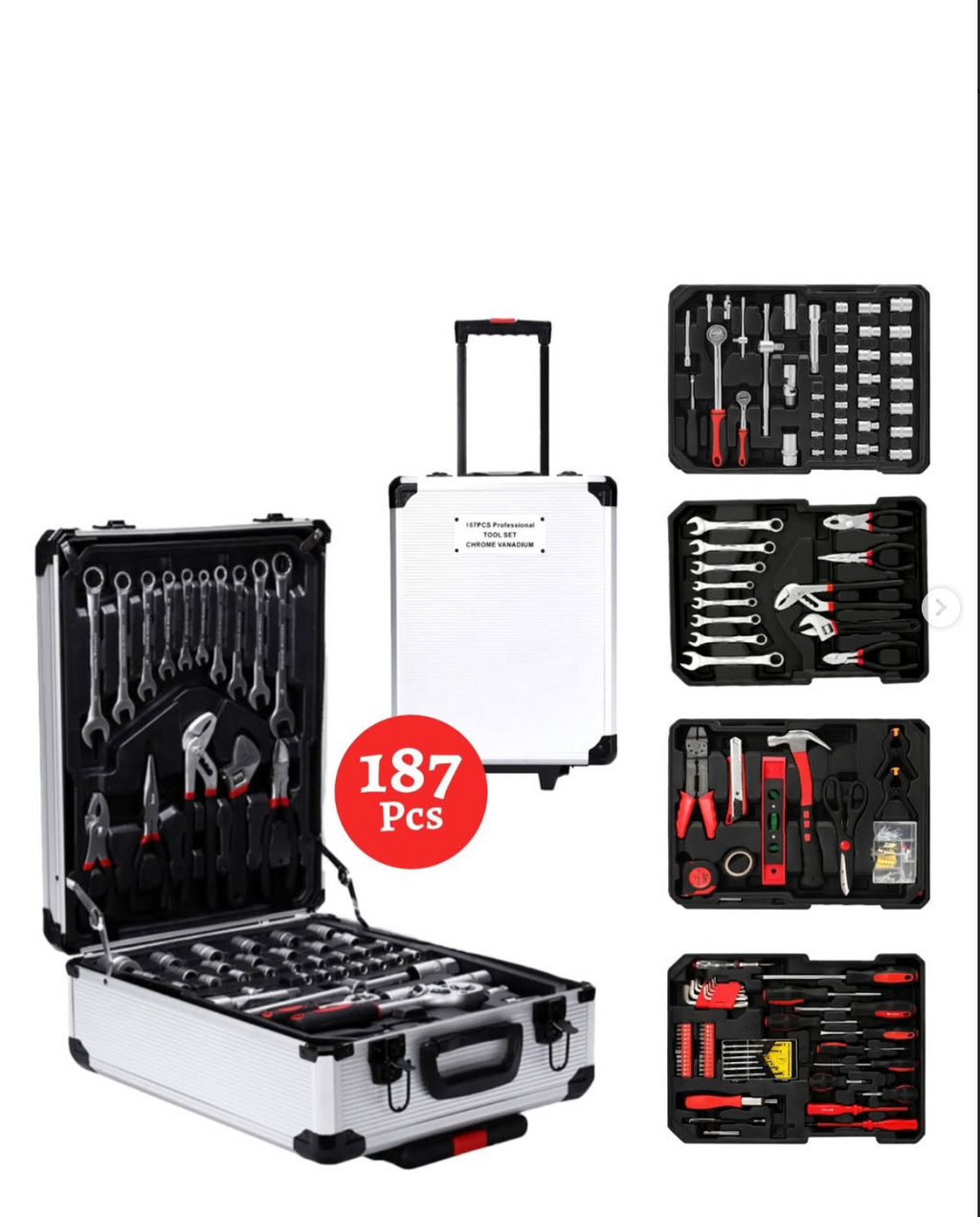Complete home and business tool kit, 187 high-quality and organized pieces, contains 4 tool racks inside a bag with a telescopic handle and wheels that make handling the complete set very easy.