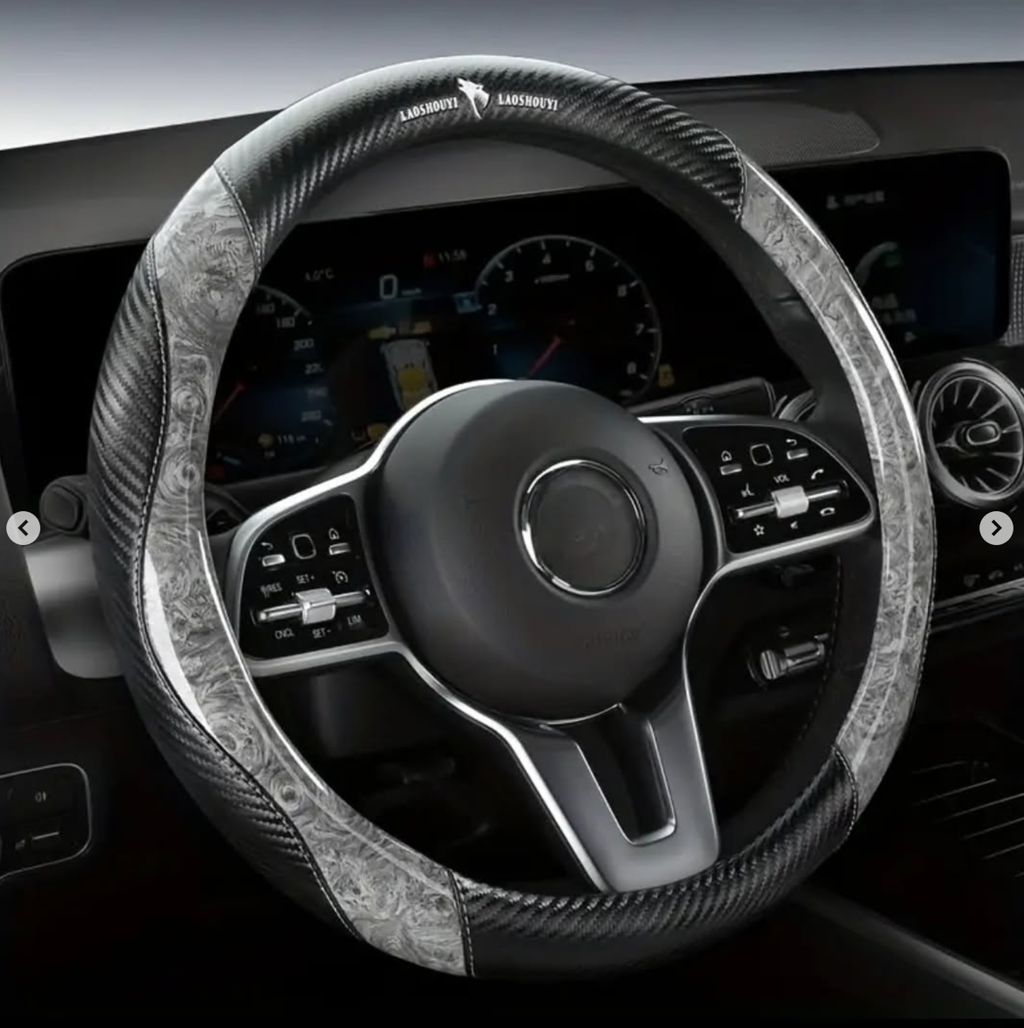 Wood grain, carbon fiber, faux leather, microfiber steering wheel cover, comfortable and non-slip. Colors available: black, brown, red, gray.