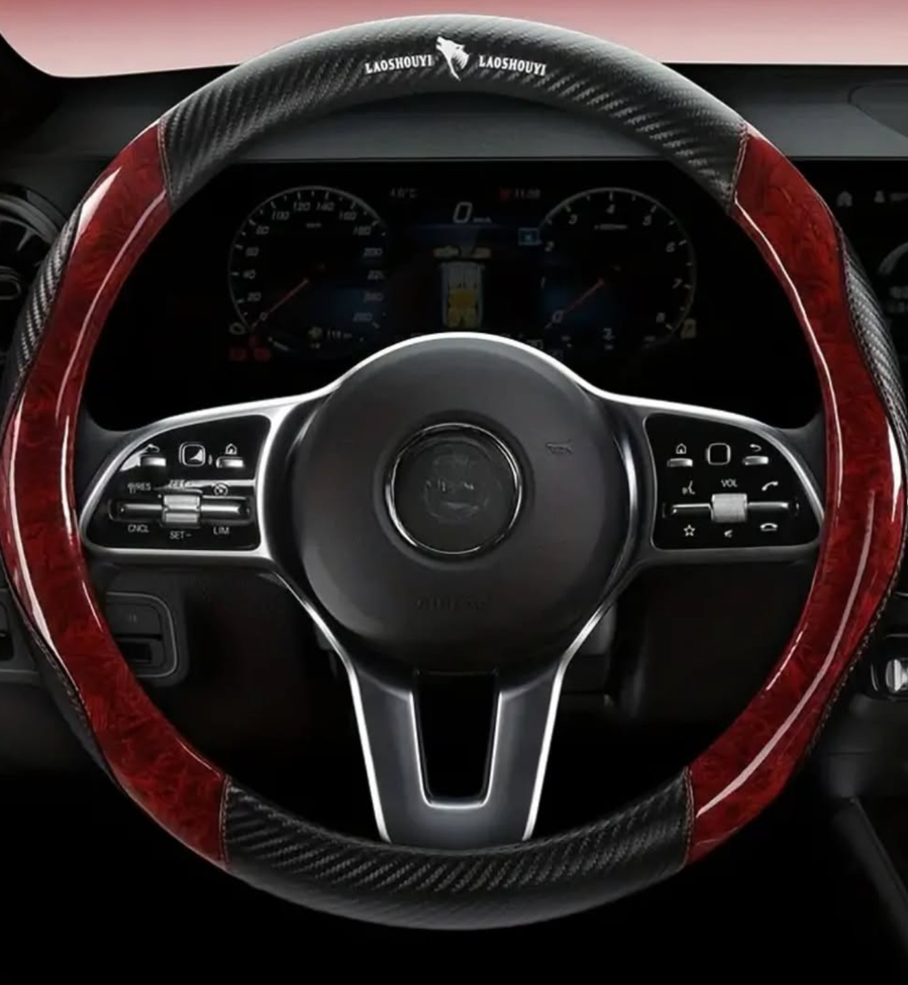Wood grain, carbon fiber, faux leather, microfiber steering wheel cover, comfortable and non-slip. Colors available: black, brown, red, gray.