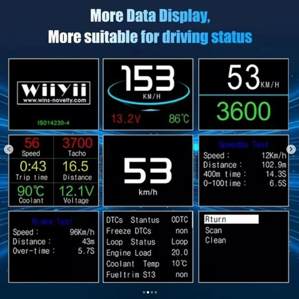 OBD2 HUD P10 Gauge Specifications Vehicle Speed, Coolant Temperature, On-Board Network Voltage, Instant Fuel Consumption, Mileage, Average Fuel Consumption, Auto Start/Stop, Car Acceleration Test Function