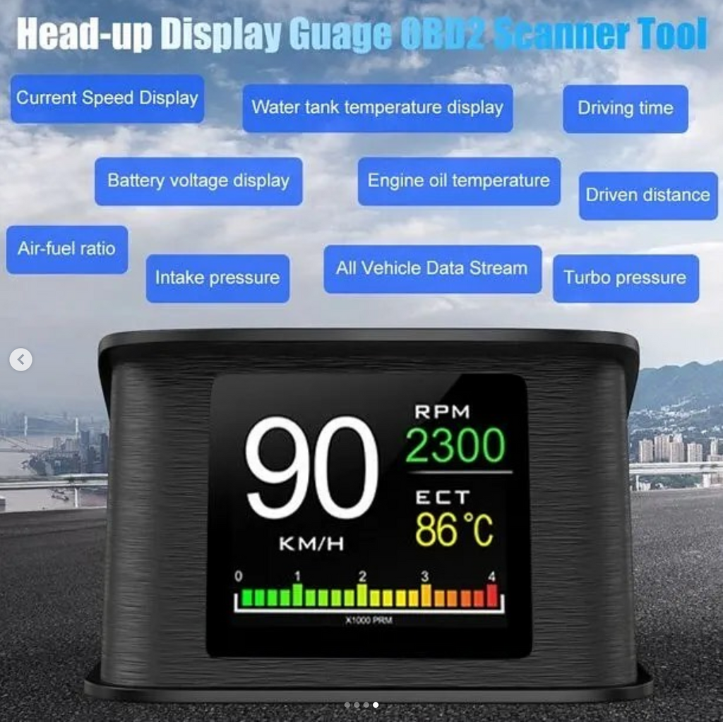 OBD2 HUD P10 Gauge Specifications Vehicle Speed, Coolant Temperature, On-Board Network Voltage, Instant Fuel Consumption, Mileage, Average Fuel Consumption, Auto Start/Stop, Car Acceleration Test Function