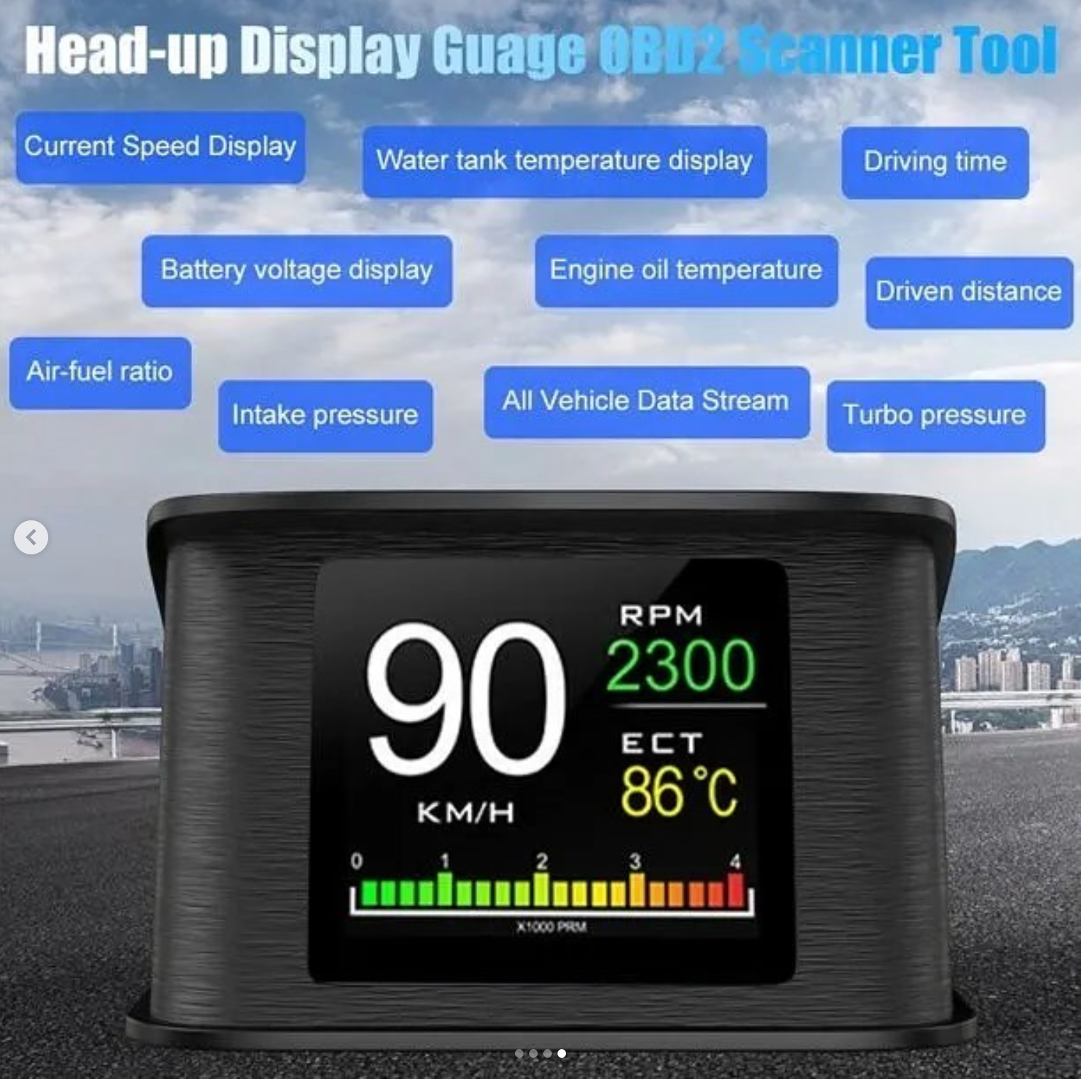 OBD2 HUD P10 Gauge Specifications Vehicle Speed, Coolant Temperature, On-Board Network Voltage, Instant Fuel Consumption, Mileage, Average Fuel Consumption, Auto Start/Stop, Car Acceleration Test Function