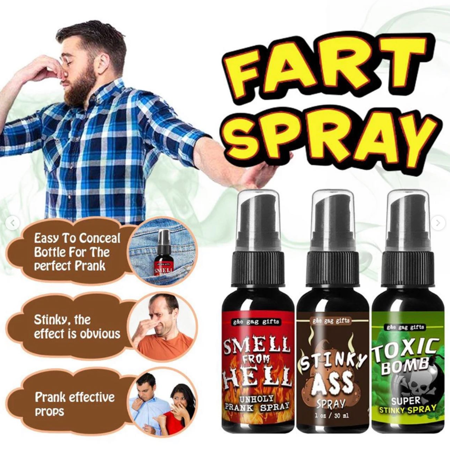 Joke with family and friends about the stench they can't stand with this liquid spray. This powerful, odor-fighting spray fills the entire room. Packaged in a small 30ml bottle, it's easy to conceal. Three scents