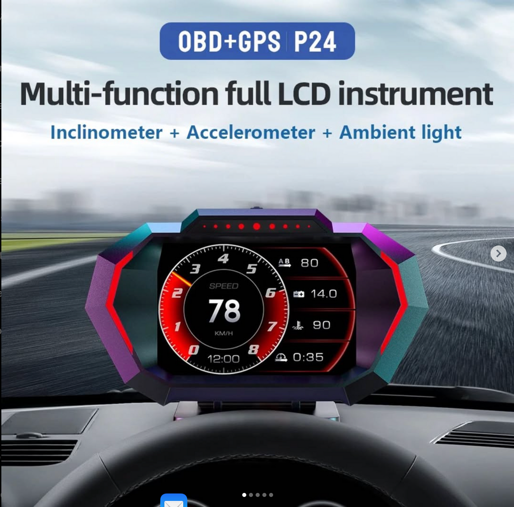 Vehicle speed (km/h or mph), engine RPM, water temperature (°C or °C), battery voltage