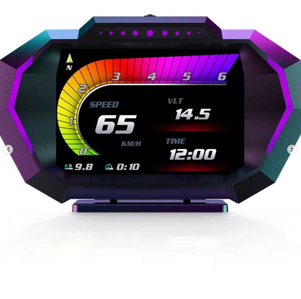 Vehicle speed (km/h or mph), engine RPM, water temperature (°C or °C), battery voltage