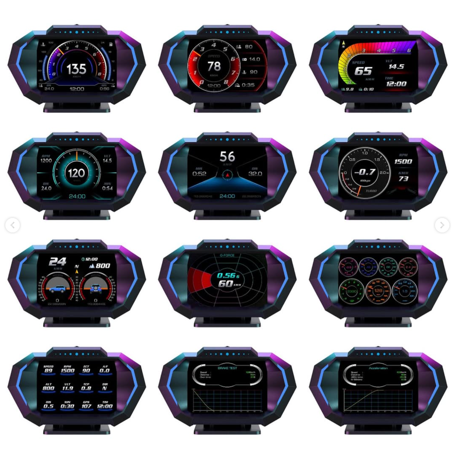 Vehicle speed (km/h or mph), engine RPM, water temperature (°C or °C), battery voltage