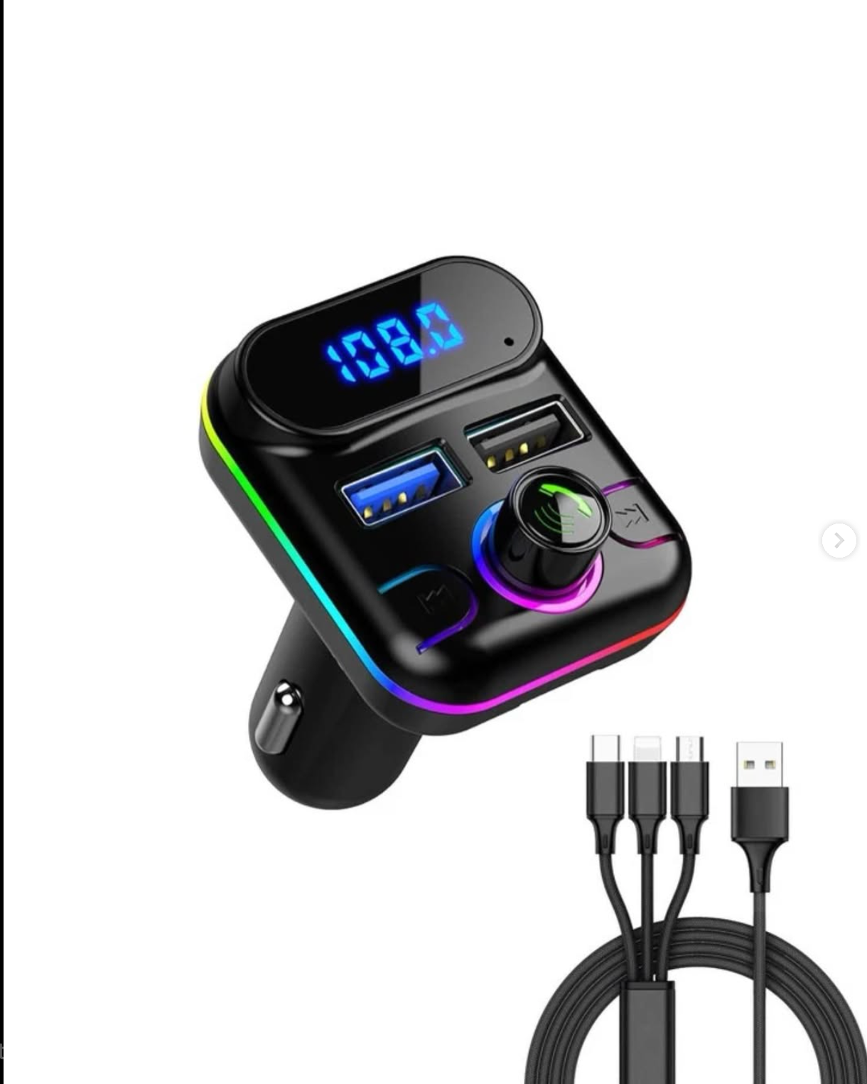 One Piece Multi-function Car Phone Charger Compatible with Bluetooth with Three Charging Wires for iPhone Galaxy Type C Charging