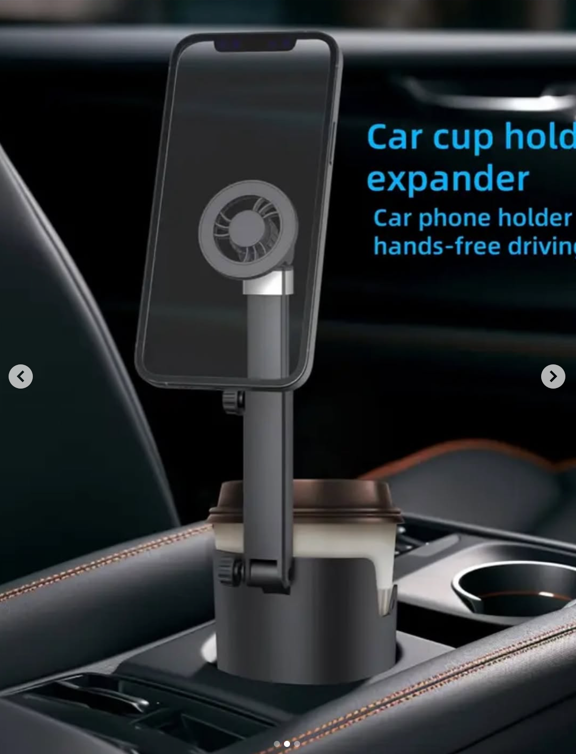 Expandable cup and phone holder features an expandable design to fit different sizes of cups.